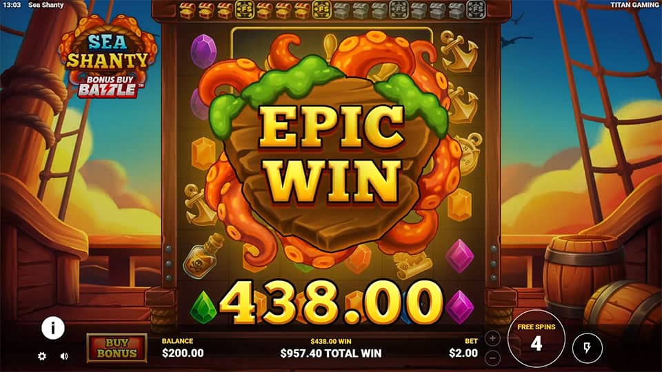 Massive &ldquo;EPIC WIN&rdquo; text carved on wood and wrapped in tentacles as glowing gems surround the reels during free spins.