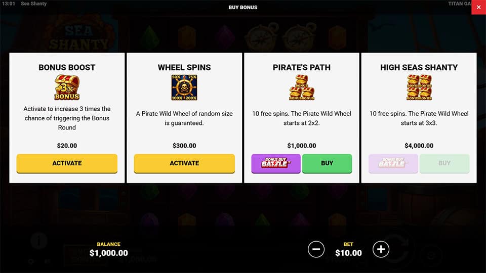 Buy Bonus menu showing Bonus Boost, Wheel Spins, Pirate&rsquo;s Path and High Seas Shanty with activate and buy buttons.