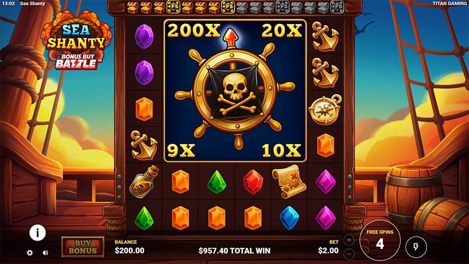 Golden pirate wheel with skull emblem displaying multipliers like 200x and 20x in the center of the reels.
