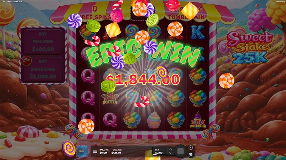 “EPIC WIN” text bursting across the reels with flying candies and glowing effects during a big tumble sequence.