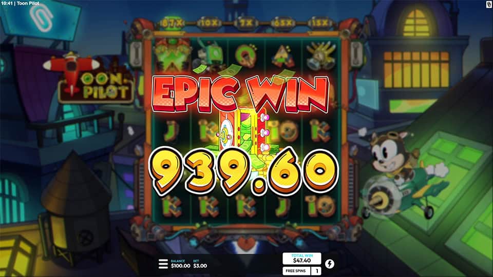 Big “Epic Win” text over reels with cash bursting out of a cartoon safe.