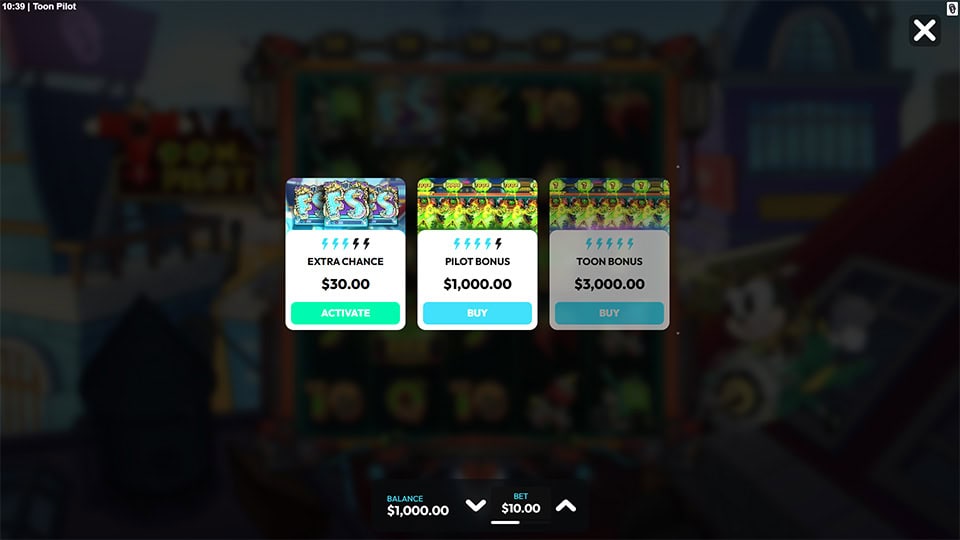 Buy menu with Extra Chance, Pilot Bonus, and Toon Bonus features.