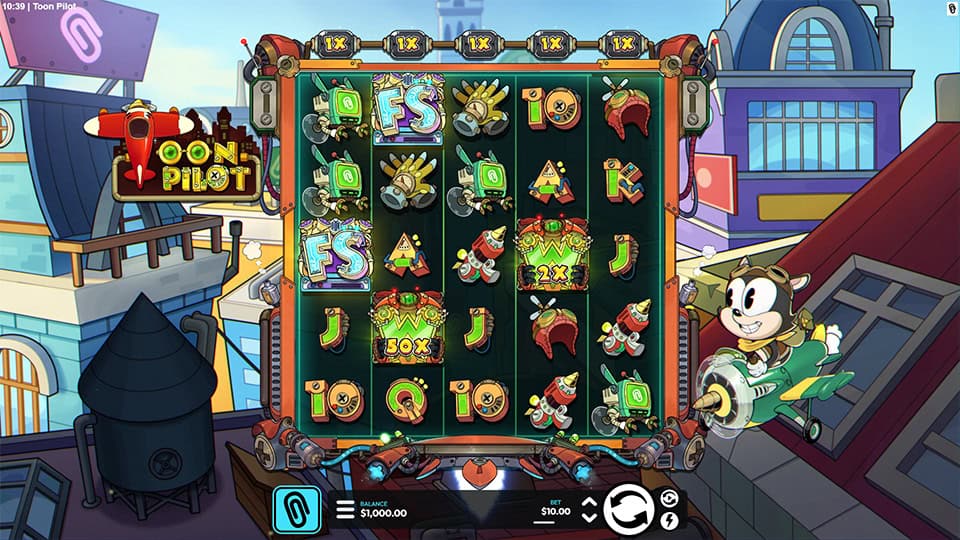 Reels filled with cartoon jets, pilot gear, and gadgets in a cityscape.