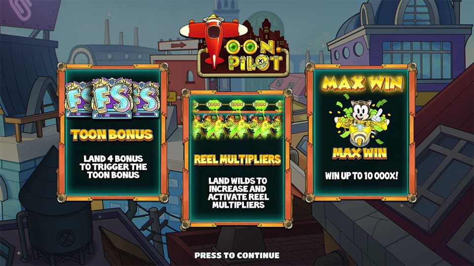 Overview of Toon Bonus, Reel Multipliers, and up to 10,000x max win.