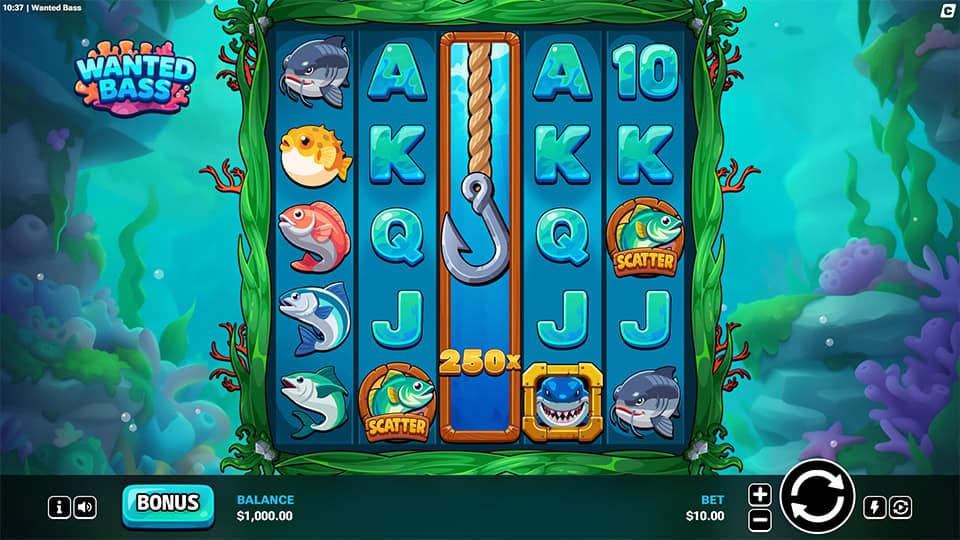 Gameplay with five reels featuring various fish symbols, hooks, and scatter icons, all surrounded by colorful seaweed and bubbles.