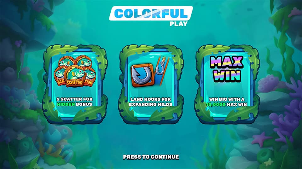 Feature explanation with three glowing cards: scatters for bonus, hooks for expanding wilds, and a max win of 15,000x.