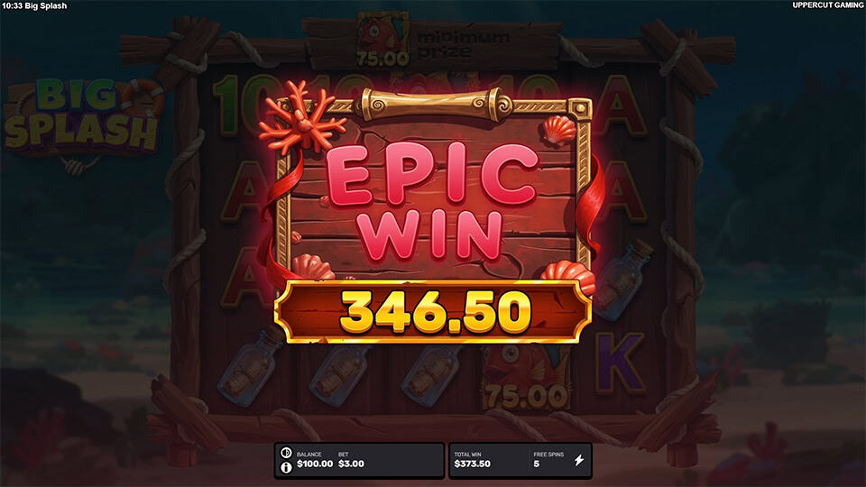 Vibrant &ldquo;EPIC WIN&rdquo; banner appearing over the reels with coral decorations and glowing sea-themed effects.