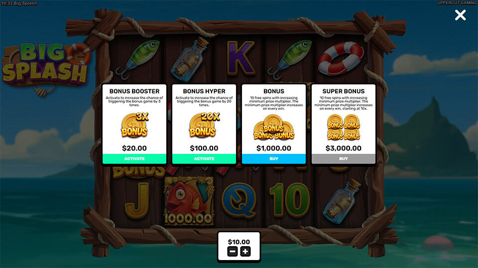 Bonus Buy menu displaying Bonus Booster, Bonus Hyper, Bonus, and Super Bonus purchase options.