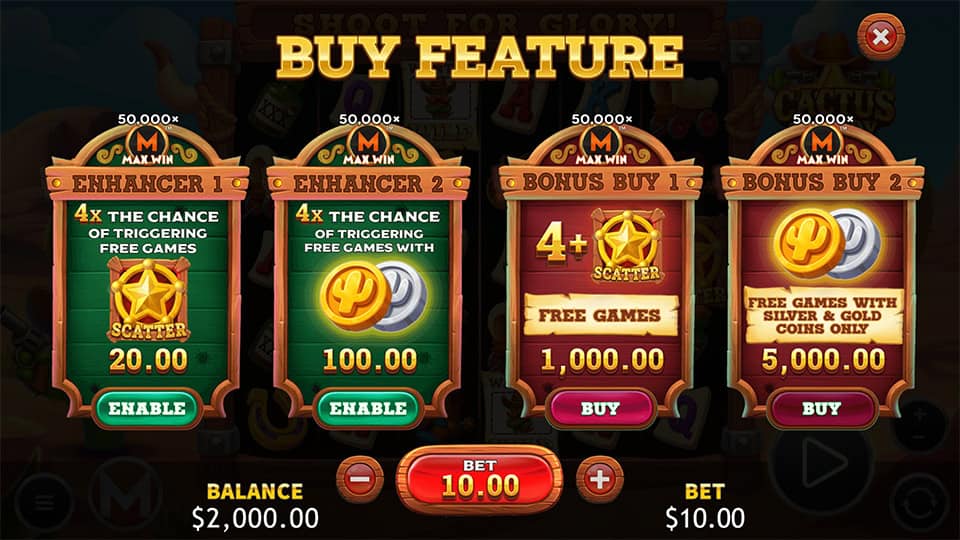 Buy Feature menu displaying Enhancer options and Bonus Buy selections with Free Games and coin variations.