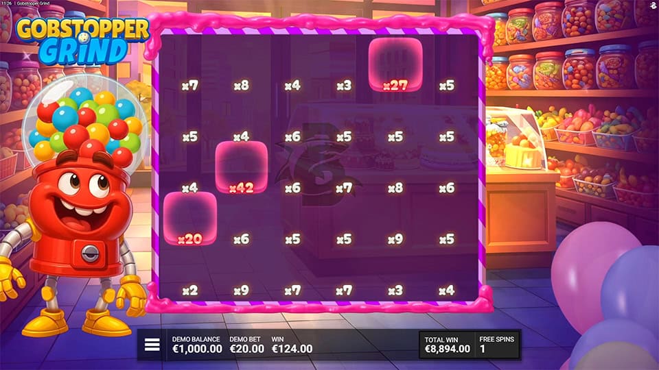 Bonus grid displaying multiple glowing cells with increasing multipliers such as x27, x42 and x20 across the board.