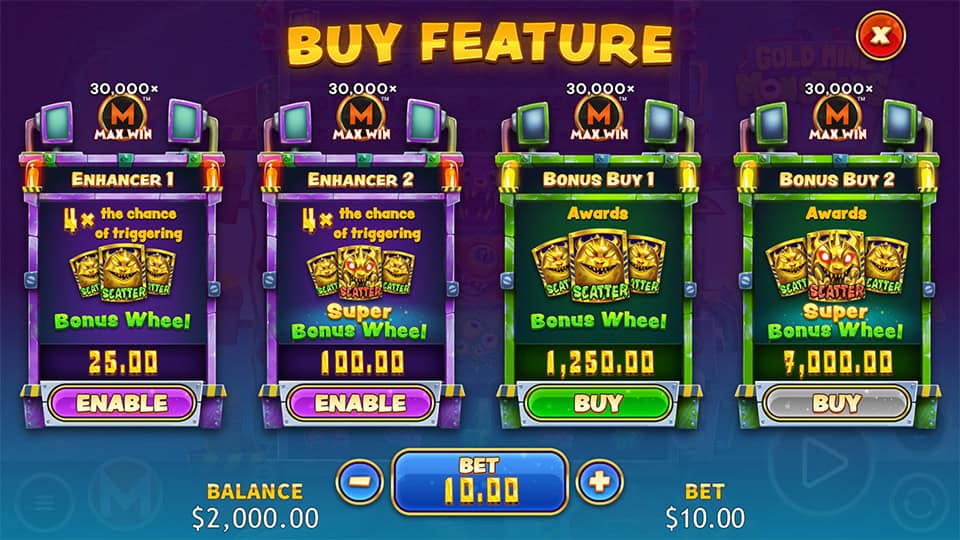 Buy Feature menu displaying Enhancer options and Bonus Buy selections for the Bonus Wheel and Super Bonus Wheel.