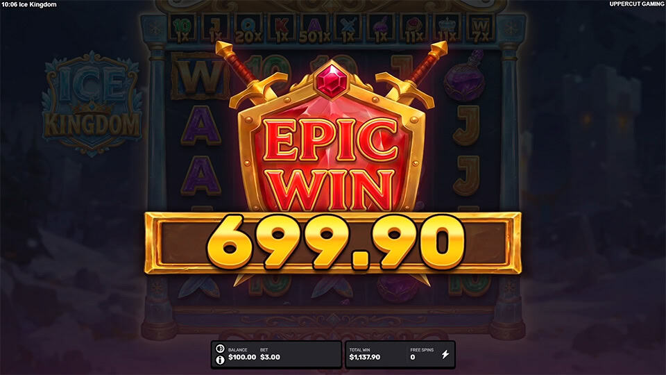 Glowing red &ldquo;EPIC WIN&rdquo; shield with crossed swords shining over the frozen reels in a dramatic celebration moment.