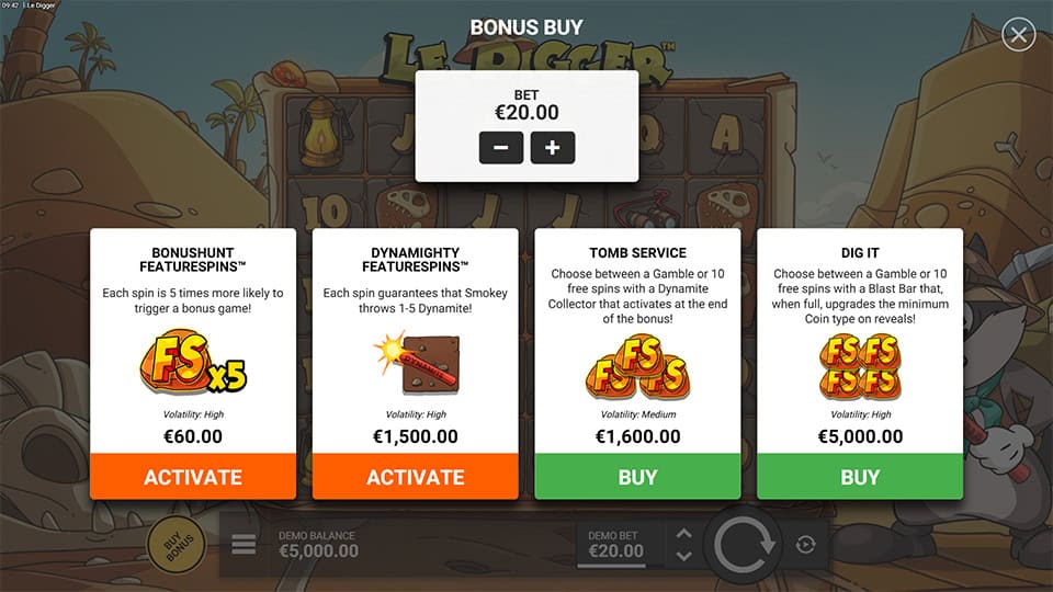 Bonus Buy menu displaying Bonushunt FeatureSpins, Dynamighty FeatureSpins, Tomb Service, and Dig It bonus choices.