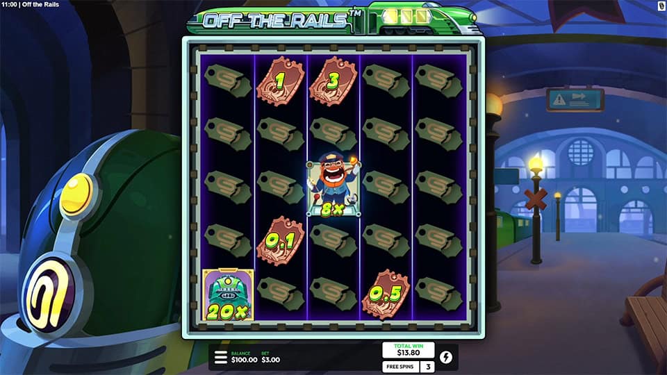 Hold and Win grid showing the conductor symbol with multipliers like 100x and train icons locked in place.