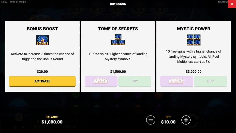 Buy Bonus menu showing Bonus Boost, Tome of Secrets and Mystic Power with activate and buy selections.