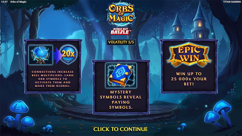 Feature panels highlighting increasing reel multipliers up to 20x, Mystery Symbols reveal and win potential up to 25,000x.