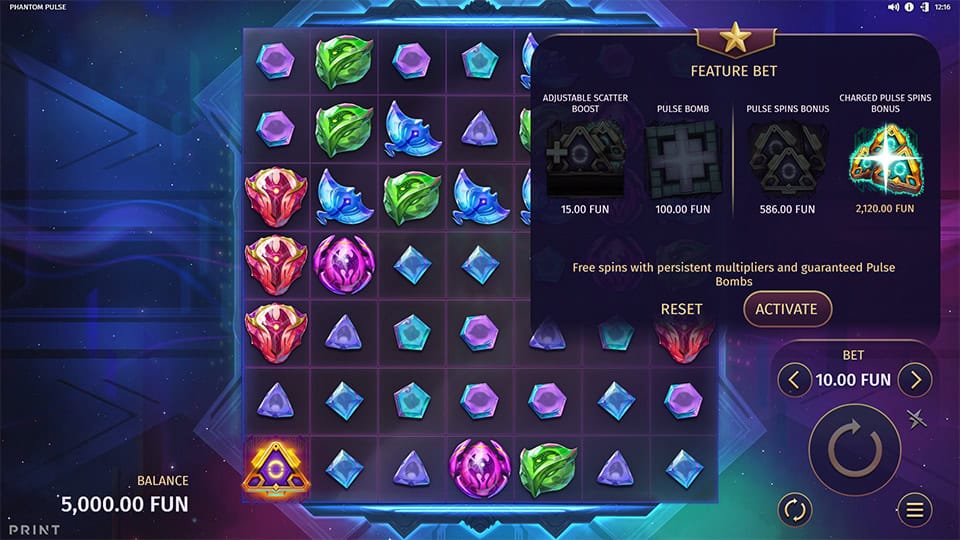 Feature Bet menu showing Adjustable Scatter Boost, Pulse Bomb, Pulse Spins Bonus and Charged Pulse Spins Bonus selections.