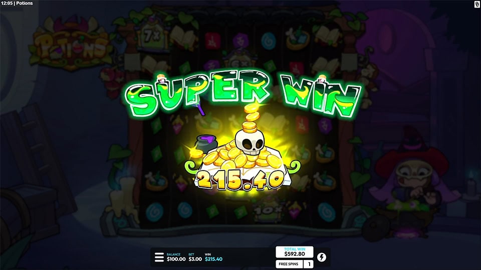 Bright &ldquo;SUPER WIN&rdquo; banner shining over a pile of gold coins and potions with sparkling magical effects.