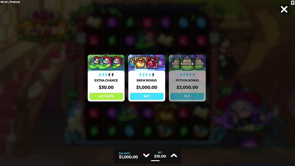 Bonus Buy menu displaying Extra Chance, Brew Bonus, and Potion Bonus purchase options with activation buttons.