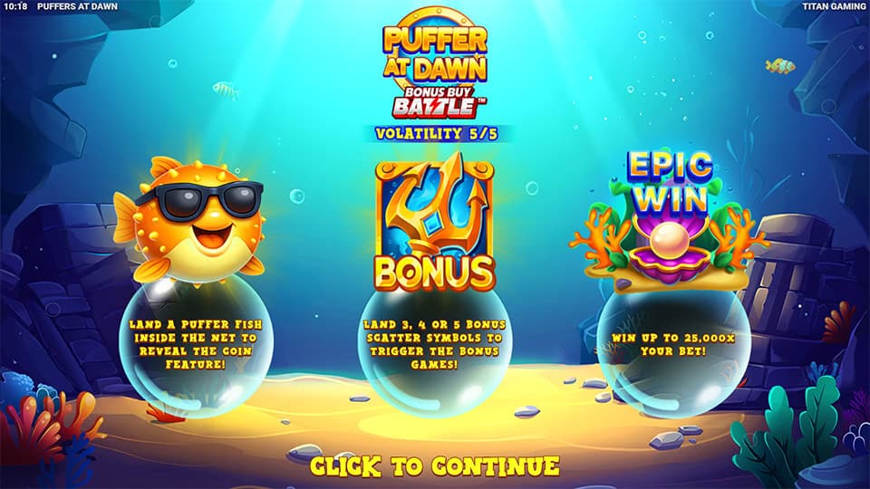 Feature panels explaining the Puffer Fish coin feature, Bonus scatters and win potential up to 25,000x.
