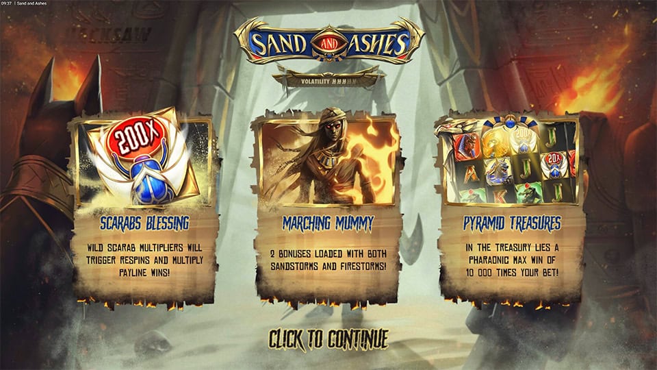 Sand and Ashes slot intro screen