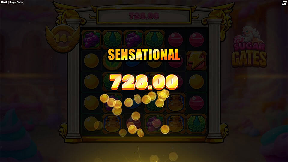 &ldquo;SENSATIONAL&rdquo; text glowing over the reels with golden coins bursting across the candy-themed grid.