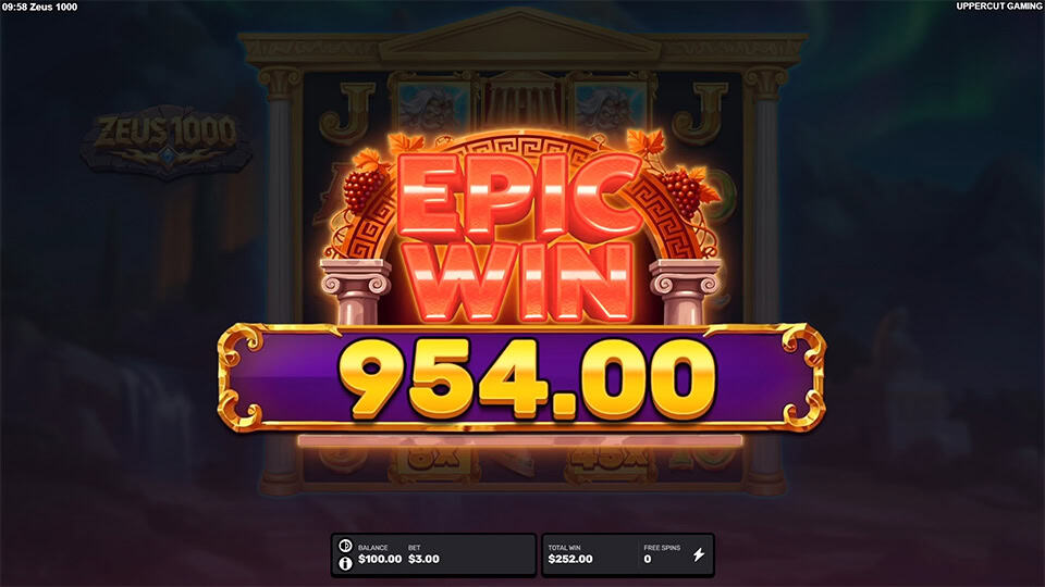 Bright red “EPIC WIN” banner glowing in front of the Olympus temple with dramatic golden lighting effects.