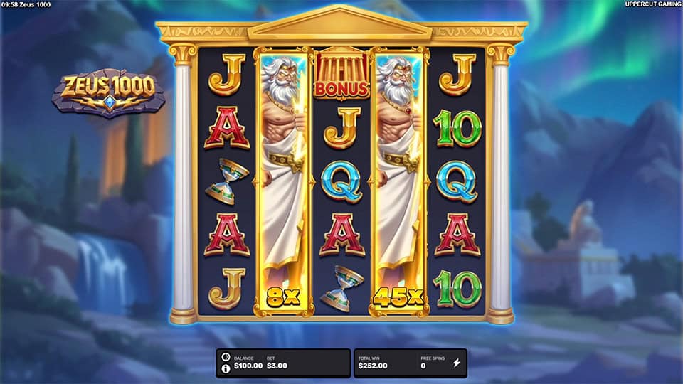 Tall Zeus expanding Wild symbols covering entire reels with visible multipliers like 8x and 45x.
