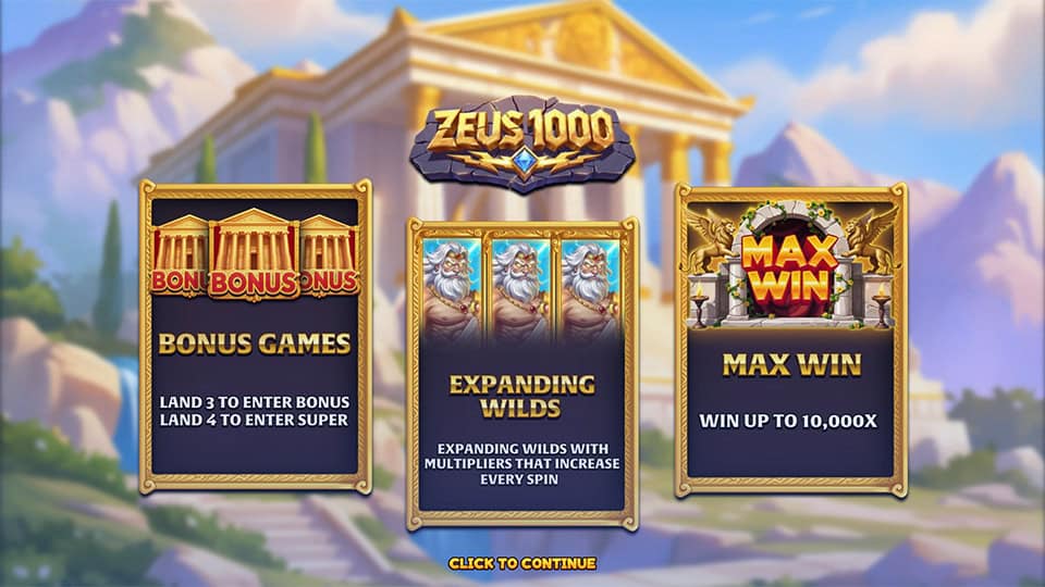 Feature panels showcasing Bonus Games, Expanding Wilds with increasing multipliers and Max Win up to 10,000x.