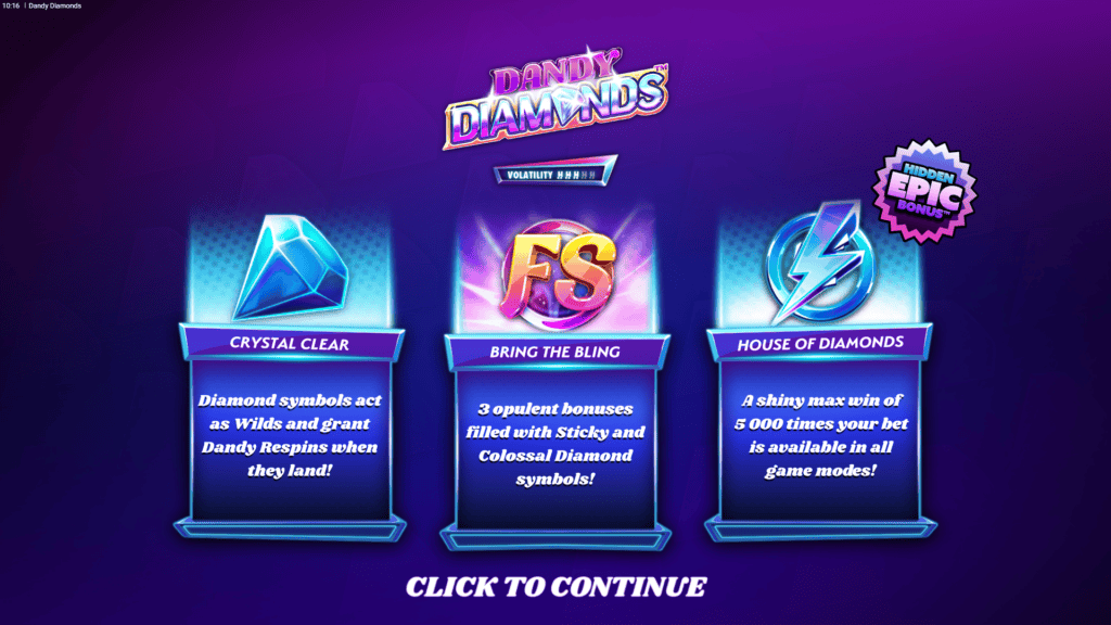 Hacksaw gaming dandy diamonds intro screen