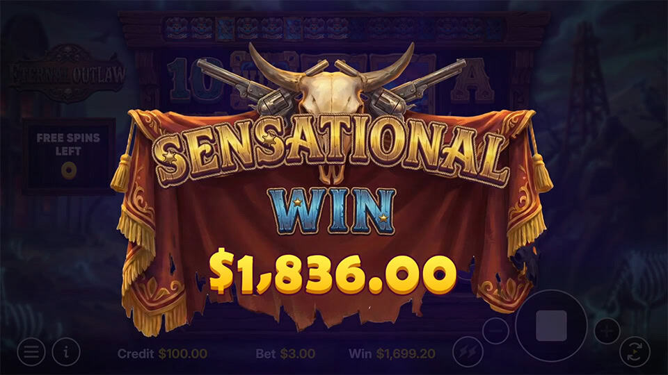 “SENSATIONAL WIN” banner displayed beneath crossed revolvers and a bull skull with dramatic Western-style effects.