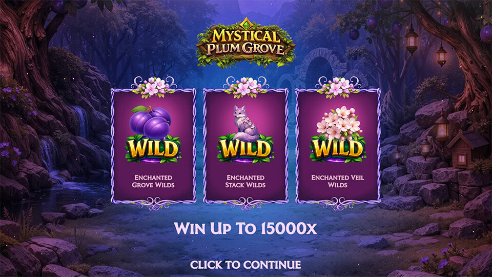 Feature overview highlighting Enchanted Grove Wilds, Enchanted Stack Wilds, and Enchanted Veil Wilds with a magical woodland backdrop.