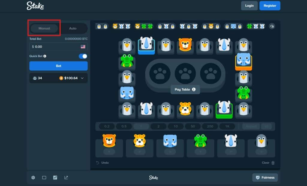 Stake Zoo bet mode manual auto selection panel interface