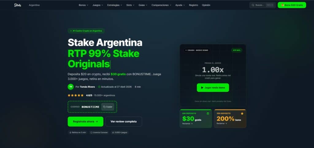 Bonostake crypto casino interface showing 99% RTP games and $30 free bonus offer