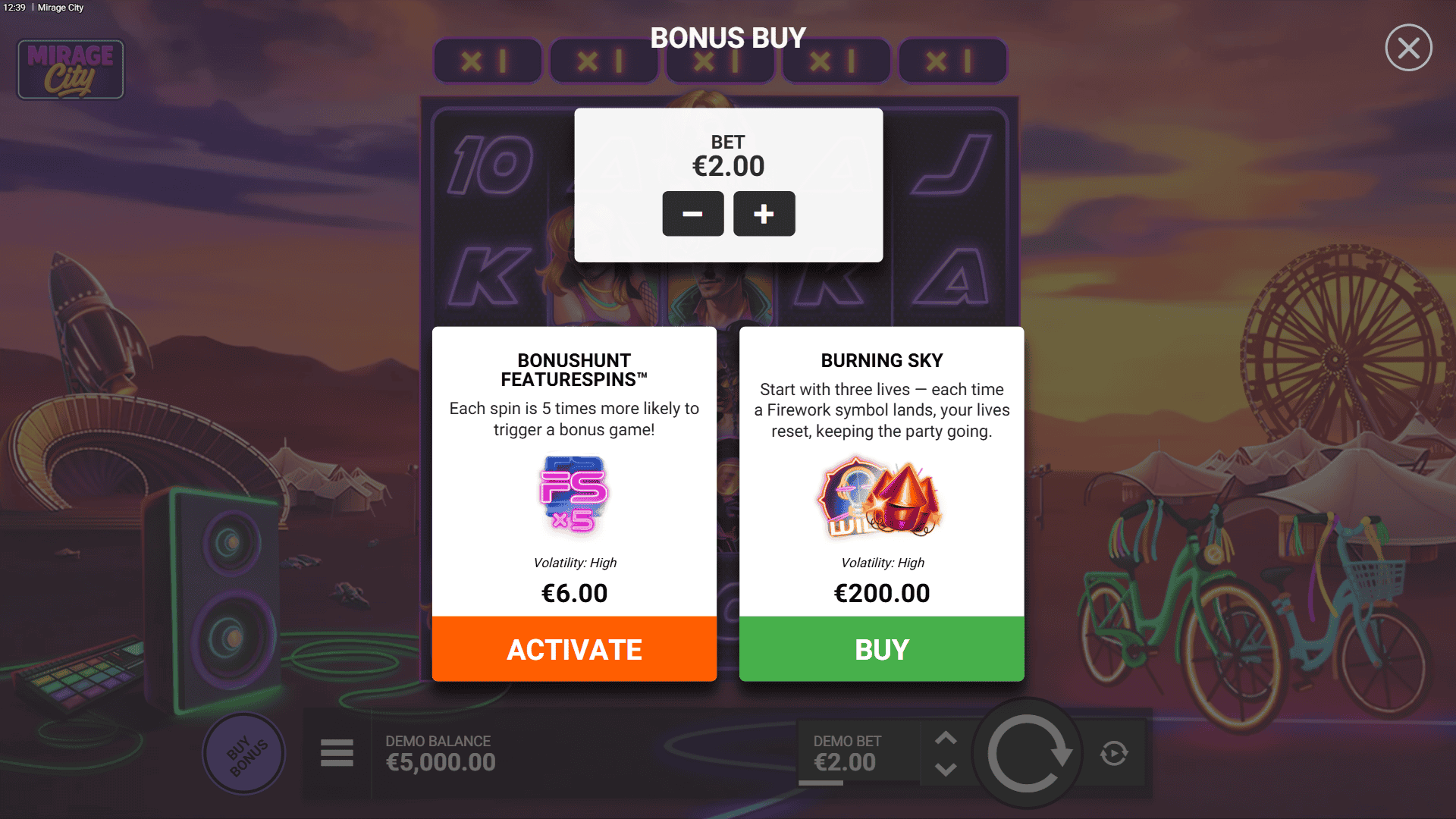 Mirage City bonus buy menu