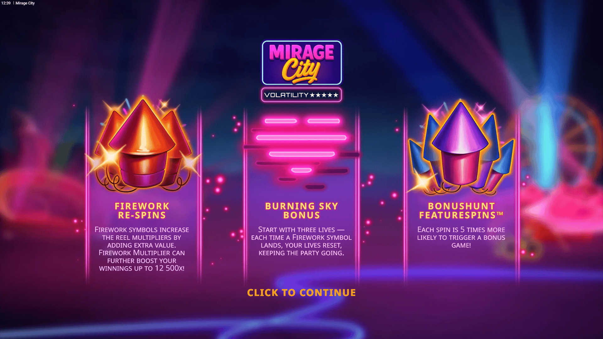 Mirage City slot intro screen