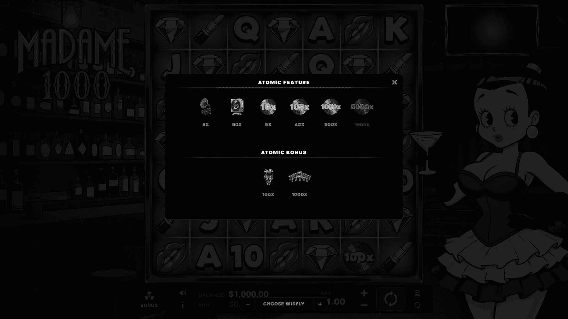 Madame 1000 bonus buy menu