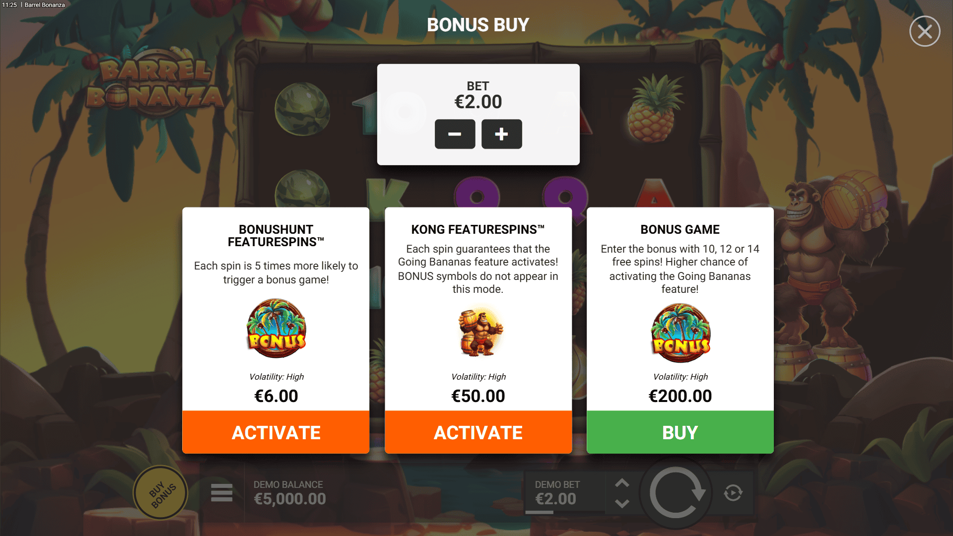 Barrel Bonanza bonus buy menu