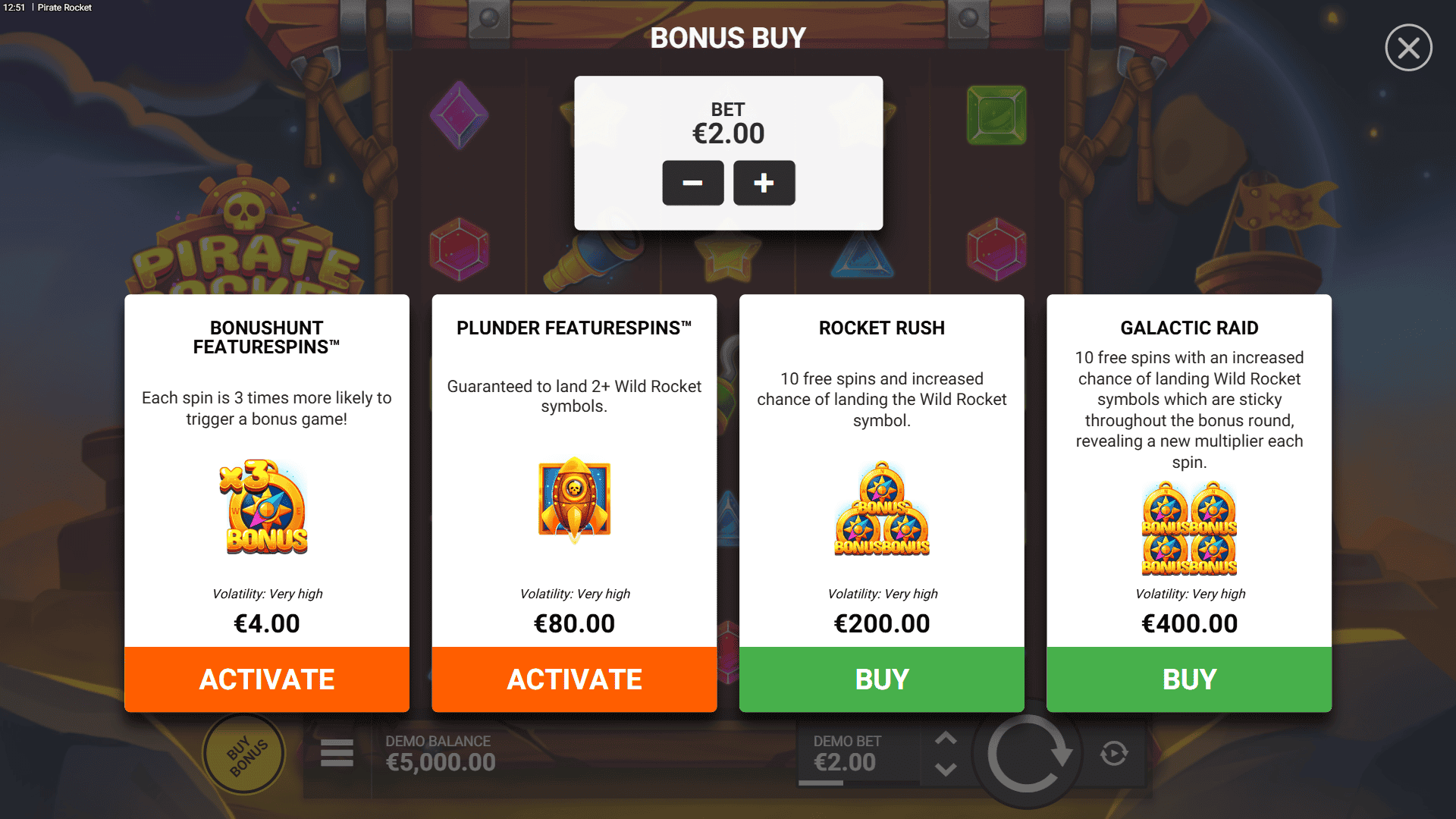 Pirate Rocket bonus buy menu