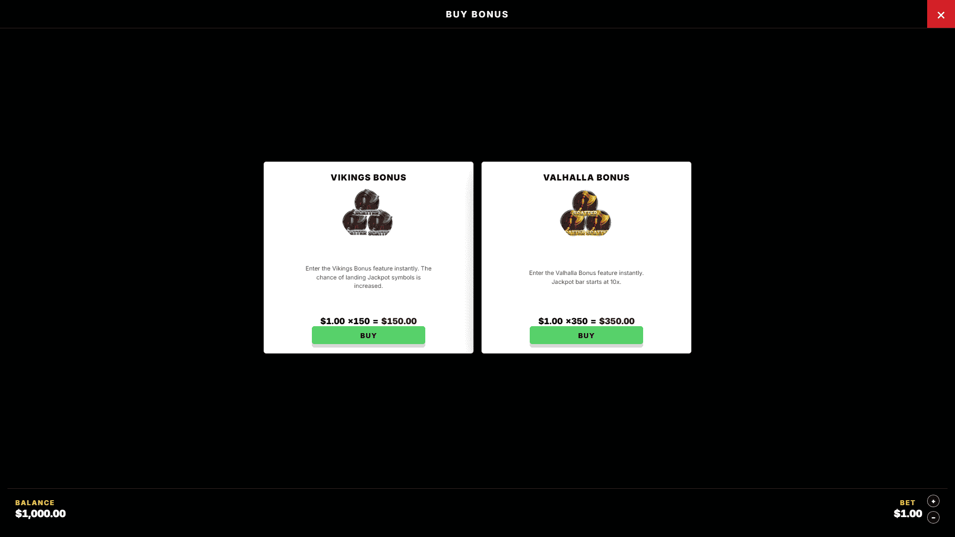 Vikings of Valhalla bonus buy menu