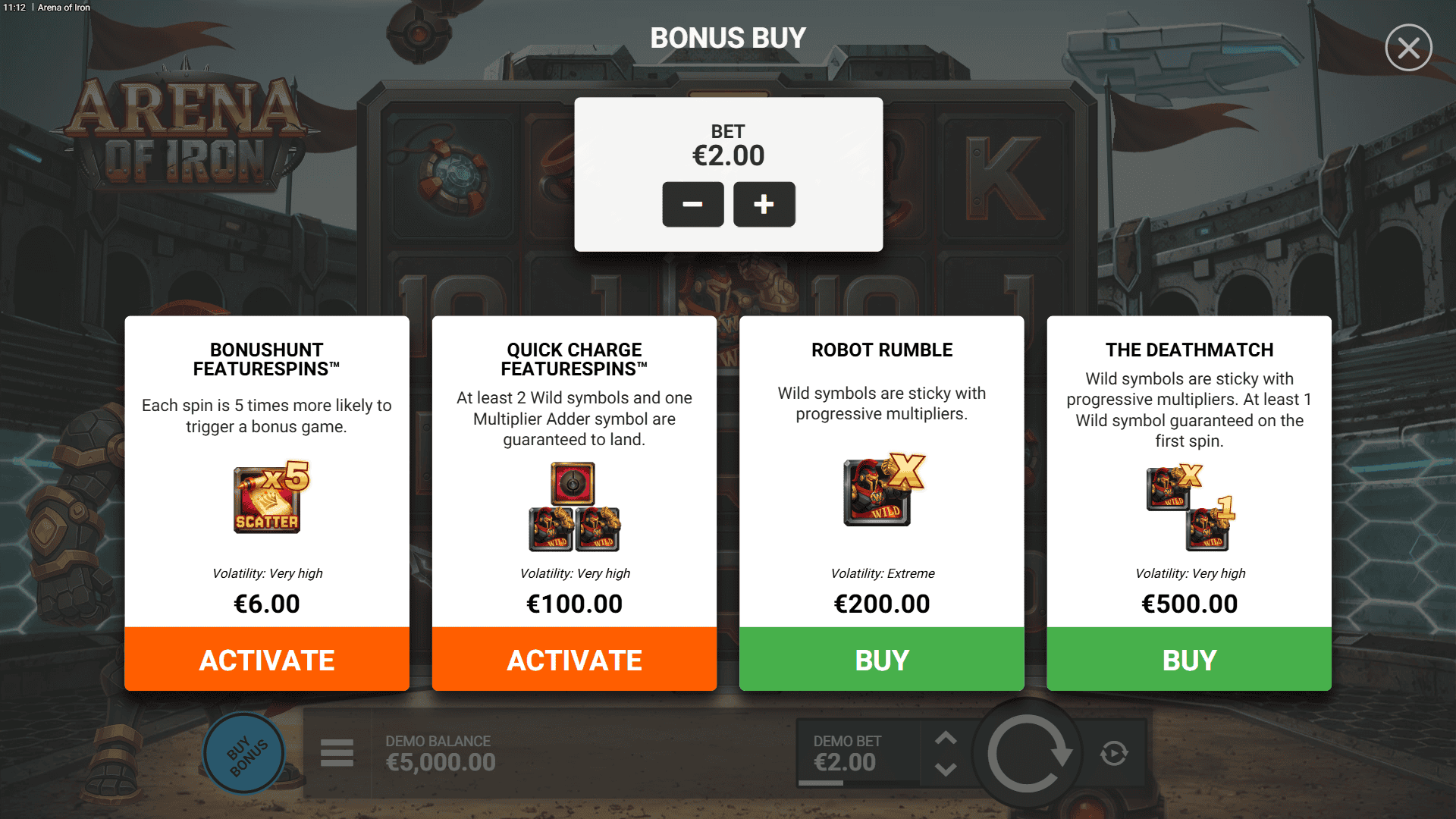 Arena of Iron bonus buy menu