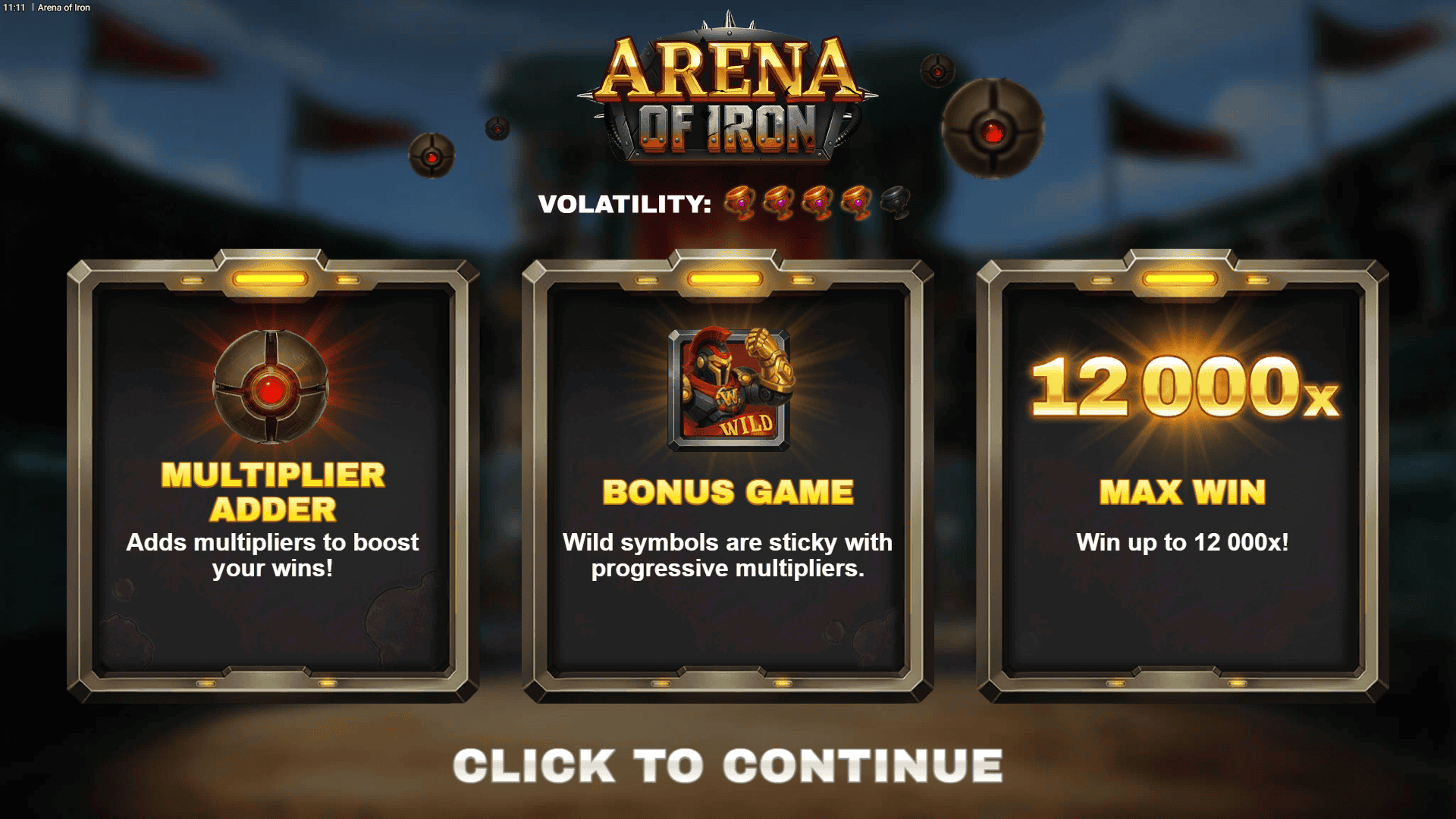Arena of Iron slot intro screen
