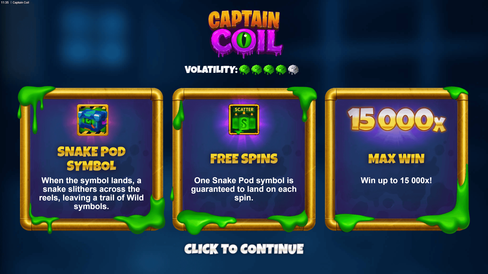 Captain Coil slot intro screen
