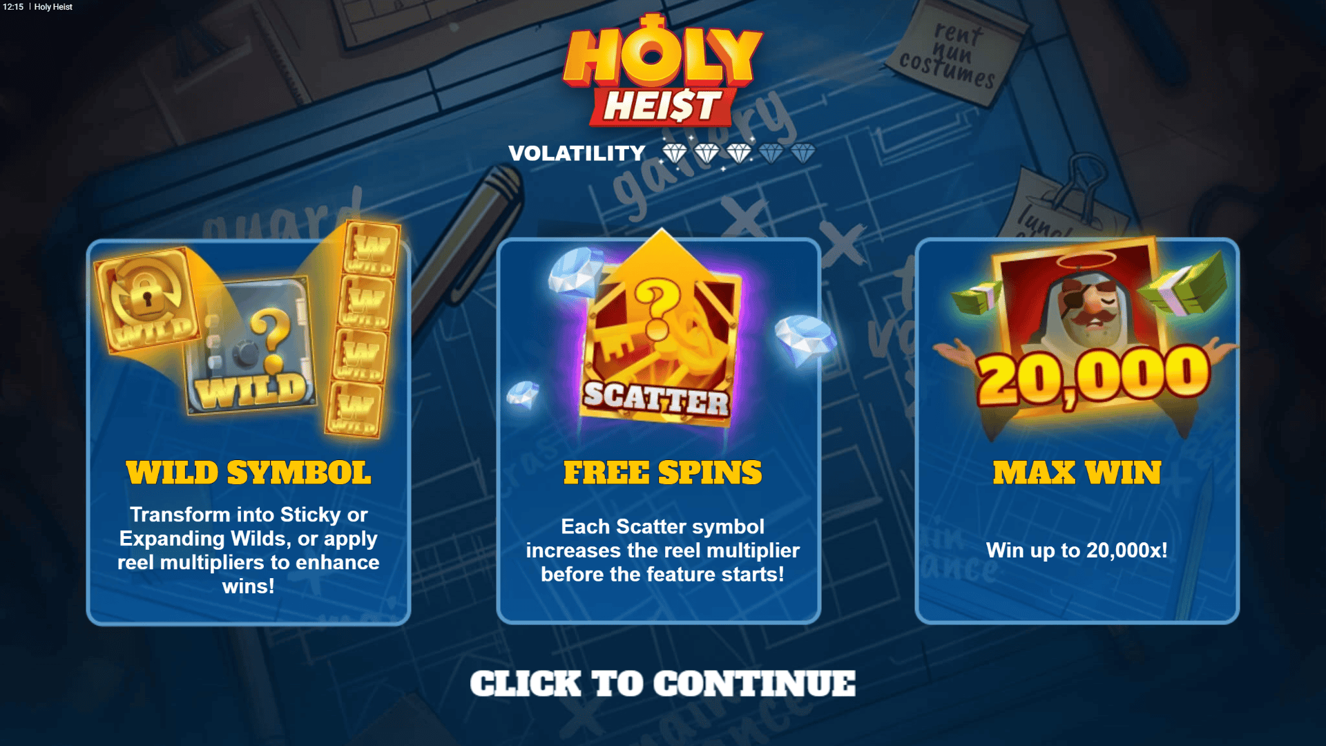 Holy Heist slot intro screen