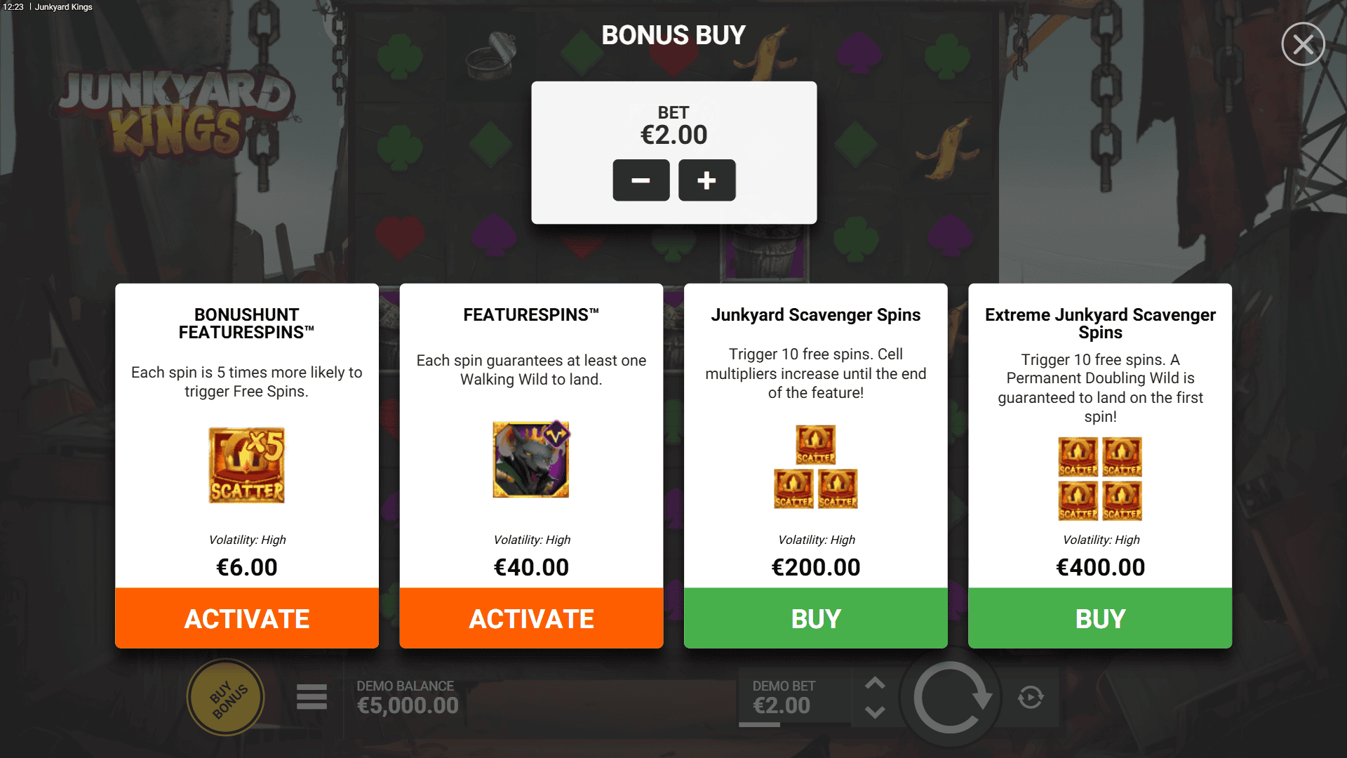 Junkyard Kings bonus buy menu