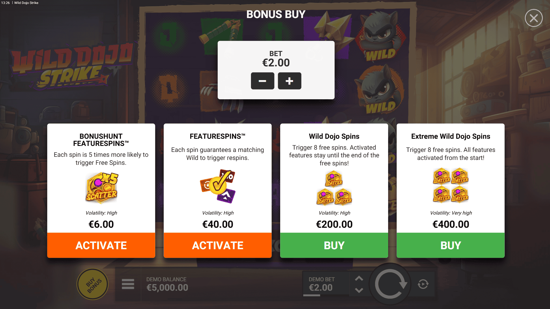 Wild Dojo Strike bonus buy menu