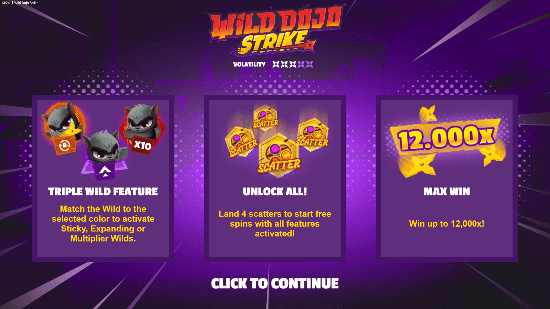 Wild Dojo Strike slot intro screen