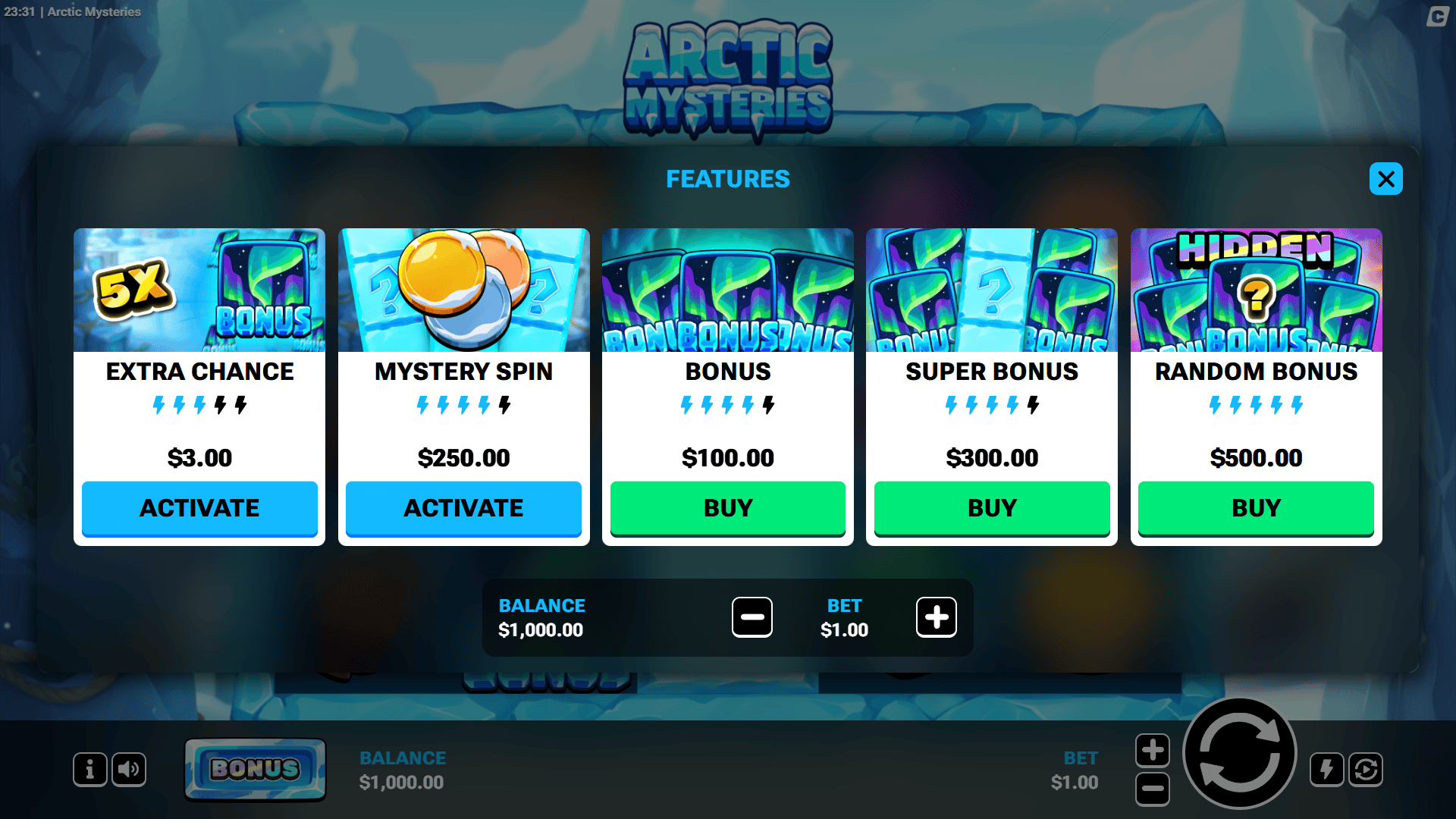 Arctic Mysteries bonus buy menu