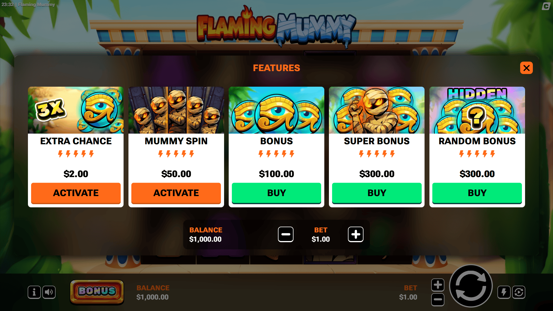 Flaming Mummy bonus buy menu