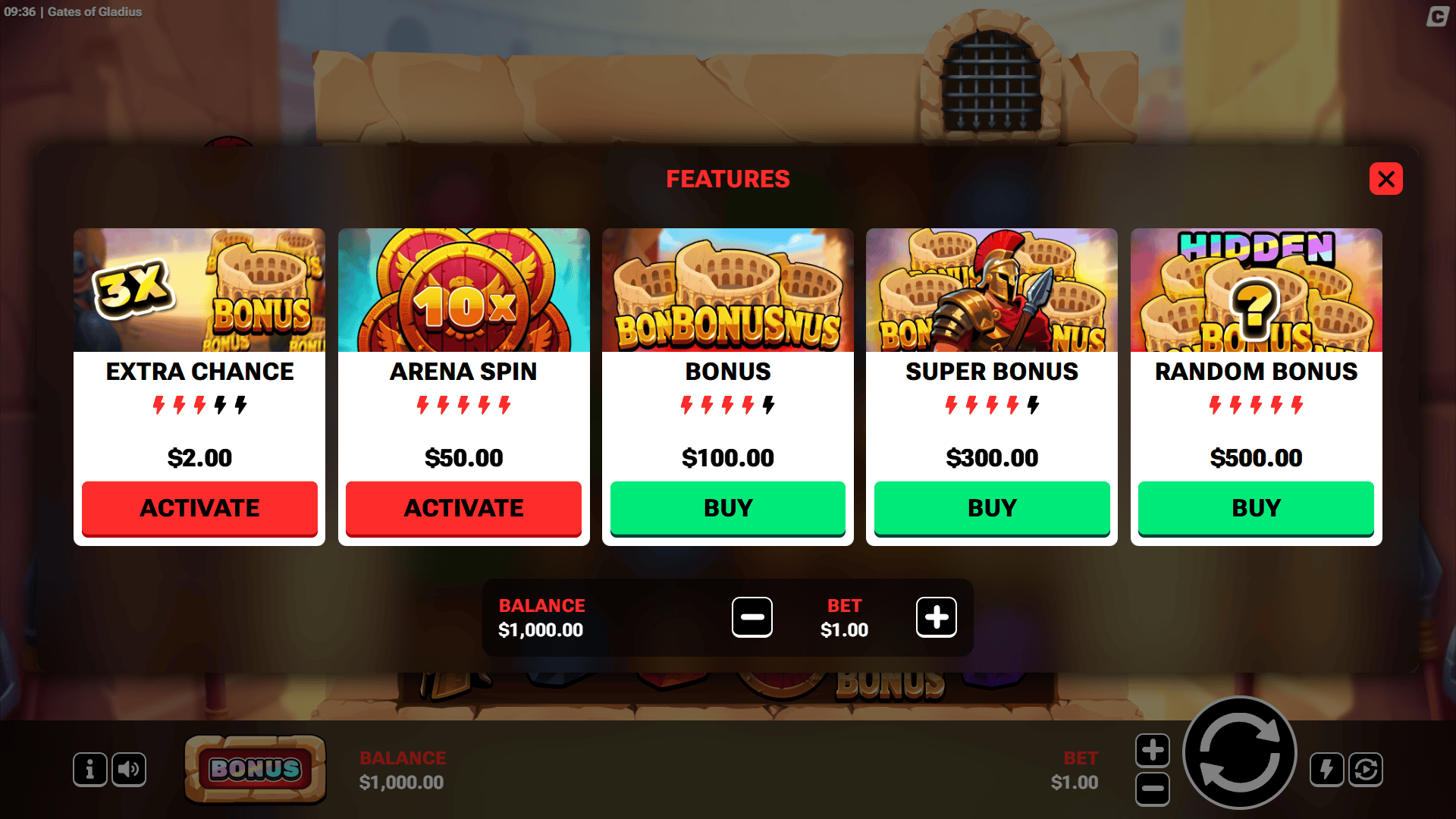 Gates of Gladius bonus buy menu